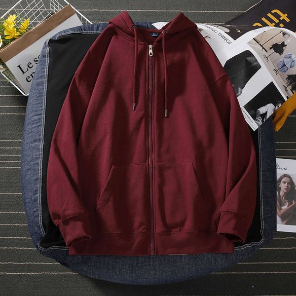 Cardigan con cappuccio primaverile, felpa con cappuccio oversize, cerniera di marca alla moda in stile americano, giacca da uomo rosso vino, sottile