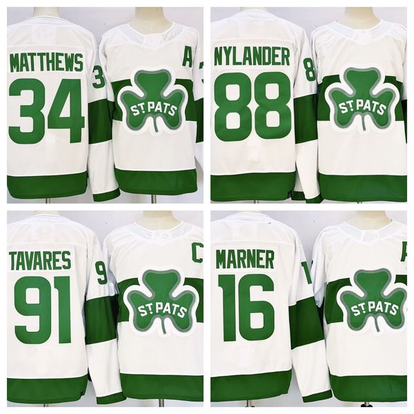 2024 Auston Matthews 34 Marner 16 Nylander 88 Tavares 91 Beyaz St. Patricks Jersey Toronto St.Pats Hokey Formaları S-XXXL Dikişli Erkek Jersey