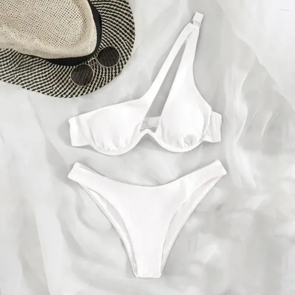 Damen-Badebekleidung, zweiteiliges Badeanzug-Set, stilvoller One-Shoulder-Bikini mit hoher Taille und Bügel, Push-Up für Frauen, einfarbig, A