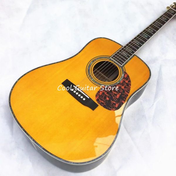 Guitarra acústica estilo Abalone D real, abeto sólido, topo amarelo, 6 cordas, parte traseira e laterais pretas, guitarra personalizada, frete grátis