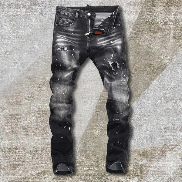 Jeans masculinos moda splash tinta impressão retro estiramento rasgado homens slim fit calças jean hip hop noir homme