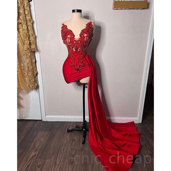 Aso Ebi Vermelho Árabe Curto Prom Vestidos Lace Frisado Sexy Noite Formal Festa Segunda Recepção Aniversário Noivado Dama de Honra Vestidos De Noche Femme Robes