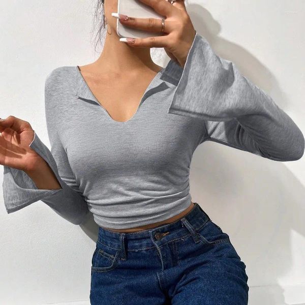 Kadın Tişörtleri Moda Kıyafetleri Sonbahar/Kış Seksi Büyük V yakalı İnce Fit Kısa Piled Alevli Kollu Uzun Kollu T-Shirt Top YSQ39