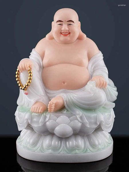 Figurine decorative 2024 Giada bianca di alta qualità Buona fortuna Buddha Maitreya Dio della ricchezza Statua CASA Compagnia Culto Recluta Denaro Prosper