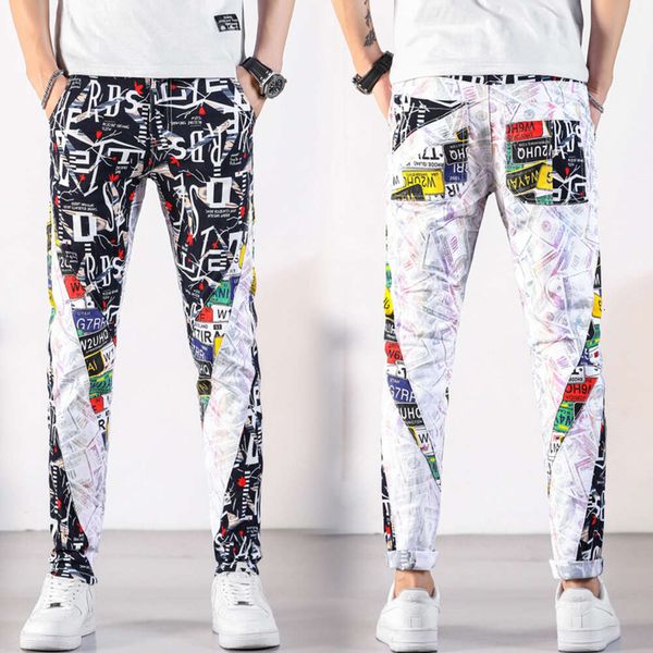 Новые летние модные брендовые джинсы с персонализированным принтом для мужчин, корейская версия, облегающие брюки с эластичной резинкой в стиле граффити, модные брюки