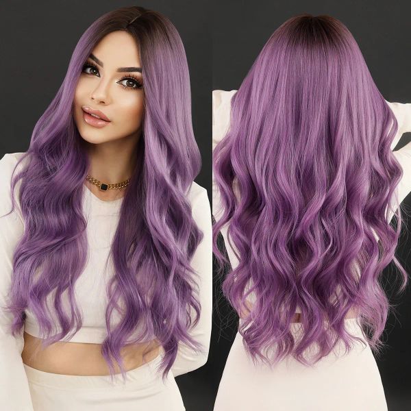 Parrucche sintetiche Namm Parrucca lunga ondulata per capelli viola per le donne Cosplay Festa quotidiana con frangia Lavanda naturale Lolita Resistente al calore Goccia Del Dh3Ha