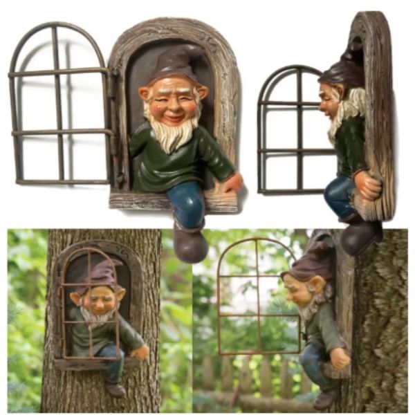 Skulpturen 1pc Elf Zwerg Oldman Status Outdoor Fensterbaum Hugger Naughty Harz Skulpturen Garten Netter weißer Bart Gnome Ostern Dekor Geschenk