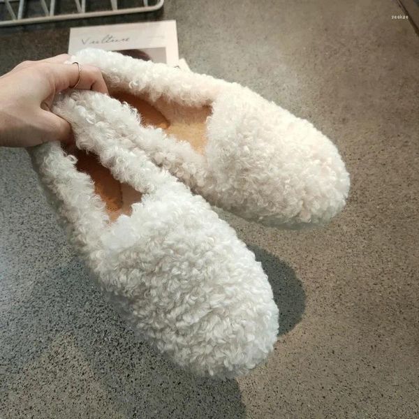 Sıradan Ayakkabı Kadınlar Kış Pamuk Lüks Taklit Lambwool Moccasins Bayanlar Rahat Kıvırcık Koyun Daireleri Kadınlar Sıcak Peluş Loafers