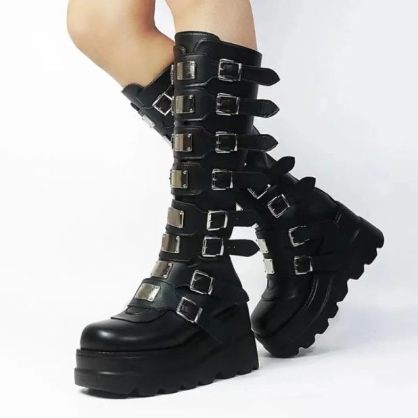 Botas motocicletas botas feminina plataforma feminina salto alto calfe boots shoes feminino design de marca de tamanho grande tamanho preto estilo gótico legal punk