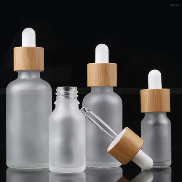 Bottiglie di stoccaggio 5X 10X Contagocce in vetro bianco trasparente satinato Coperchi in legno di bambù Tappo per pipetta a goccia Bottiglia di olio di profumo essenziale opaco riutilizzabile