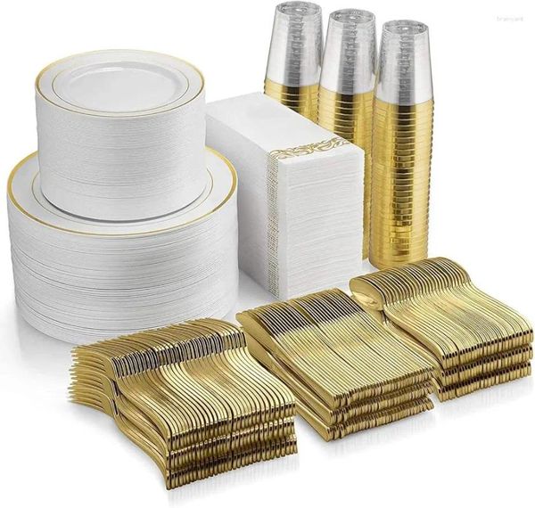 Einweggeschirr, 700-teiliges goldenes Set, 200 Teller mit Rand, 300 Besteck, 100 Plastikbecher, leinenähnliche Papierservietten