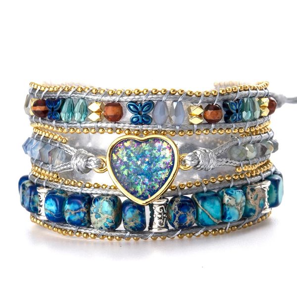 Blau funkelndes Opal-Herz, Imperial-Steine, Schmetterlings-Abstandshalter, Perlen-Wickelarmbänder, Kordelfaden 240315