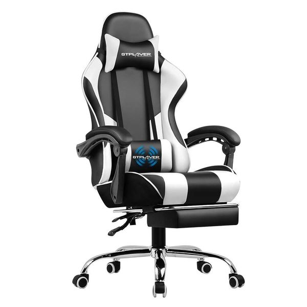 Стул GTPLAYER, поясничная опора для ног компьютера, игровое кресло с регулировкой по высоте и подголовником, поворачивающимся на 360 градусов, для офиса или игр (белый)