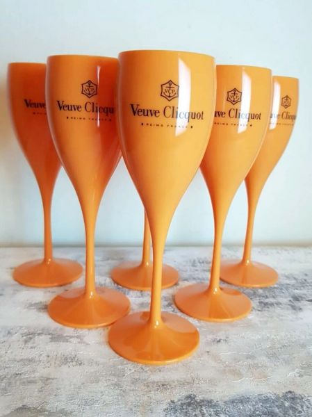 6x Veuve Clicquot Acrílico Plástico Champanhe Laranja Flautas Copos de Vinho 180ml High-end