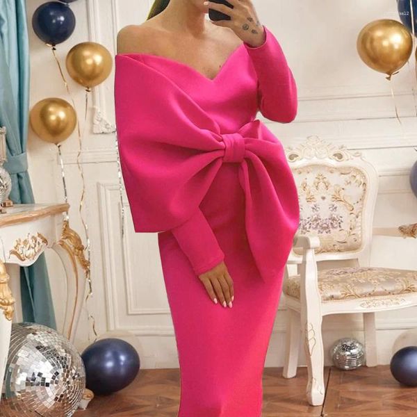 Partykleider Saudi-Arabien Frauen Abend mit großer Schleife Langarm formelle Anlässe V-Ausschnitt Roter Teppich Kleid Wrap Hip Prom