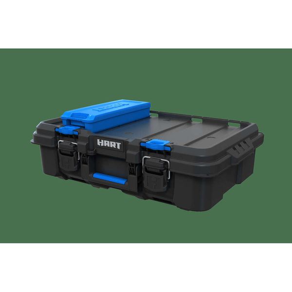 HART Stack Tool Box mit kleinen blauen Organizer-Trennwänden, passend für das modulare Aufbewahrungssystem von Hart