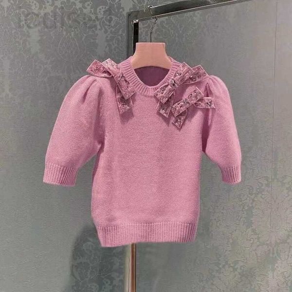 Camiseta feminina designer marca 23 primavera nova miu camisa de malha curta francês doce rosa manga pesada indústria arco bolha topo 7hmd