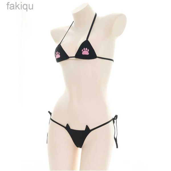 Sexy conjunto feminino sexy três pontos ternos gatos bonitos pata roupa interior conjunto de biquíni lingerie kawaii calcinha e sutiã cosplay roupa de banho sutiã breve 24322