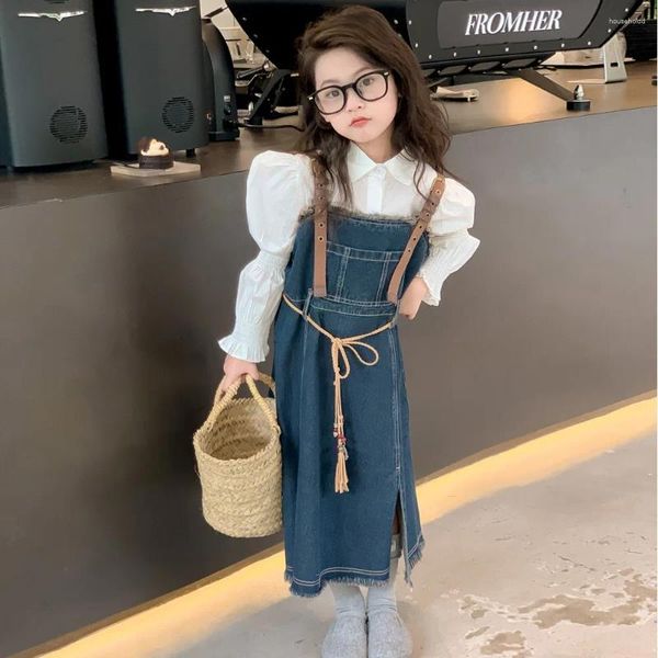 Mädchen Kleider Südkorea Kinderbekleidung 2024 Frühling Mädchen Cowboy Hosenträger Rock Hemd Denim Set