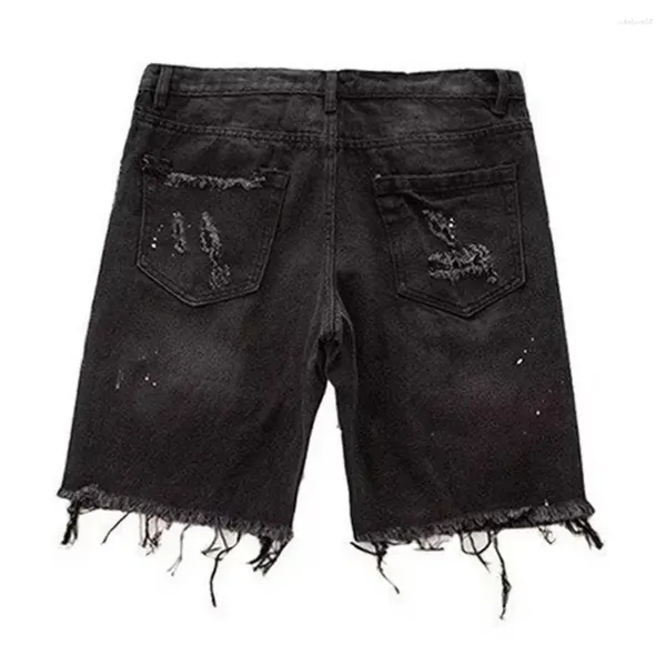 Jeans masculinos botão zíper shorts confortável denim verão angustiado ajuste reto rasgado buracos na altura do joelho