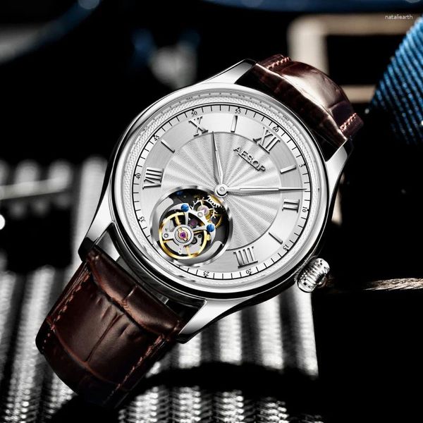 Armbanduhren Aesop Luxus echtes Tourbillon Men Mechanical Watches Limited Edition Manual Wicking Movement Leder/Edelstahl