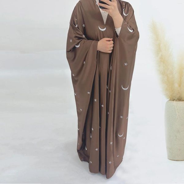 Etnik Giyim Satin Ay Nakış Abaya Açık Kimono Hırka Müslüman Abayas Kadınlar için Dubai 2024 Lüks Türkiye Kaftan İslami Kıyafet