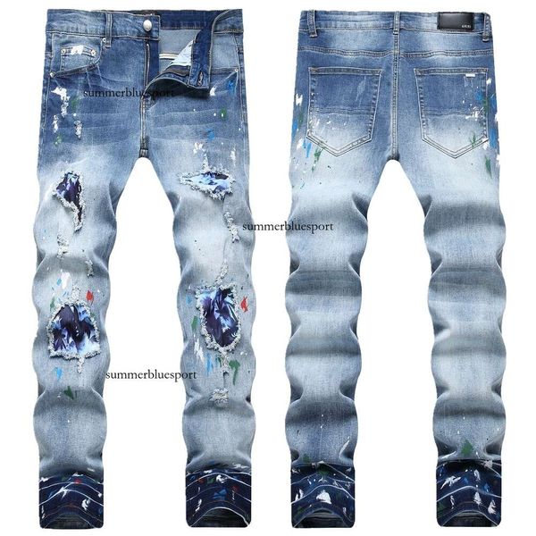 Jeans effetto consumato di colore chiaro autunno 2023 per pantaloni a vita media a gamba piccola elasticizzati slim fit da uomo AM