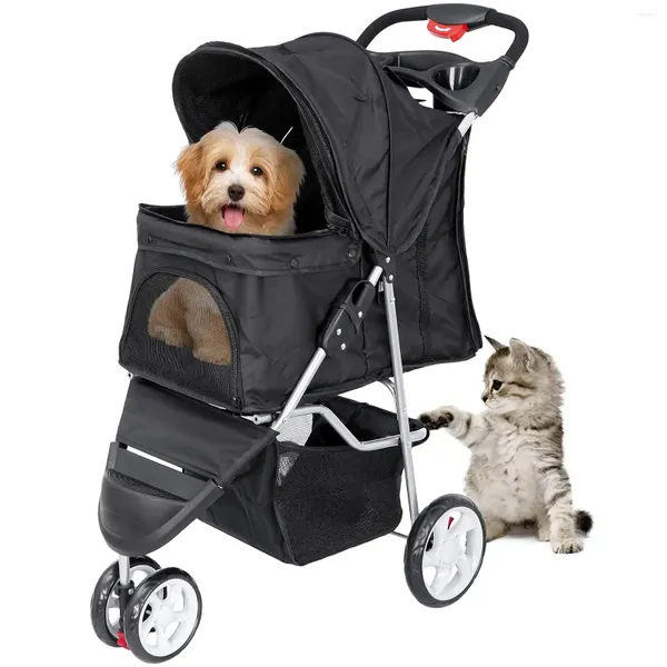 Переноска для собак, складная коляска для домашних животных, кошка/собака с 3-колесной прогулочной тележкой, дорожная корзина для хранения, держатель для чашки, черный