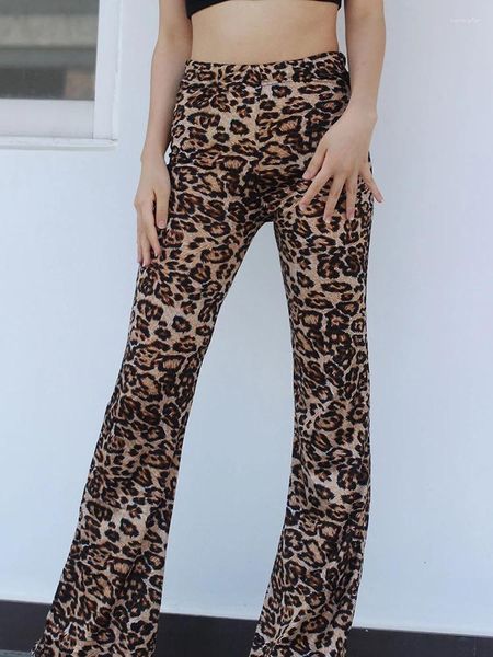 Calças femininas perna larga cintura alta casual leopardo impresso sexy yoga feminino streetwear elástico senhoras elegante ginásio inferior