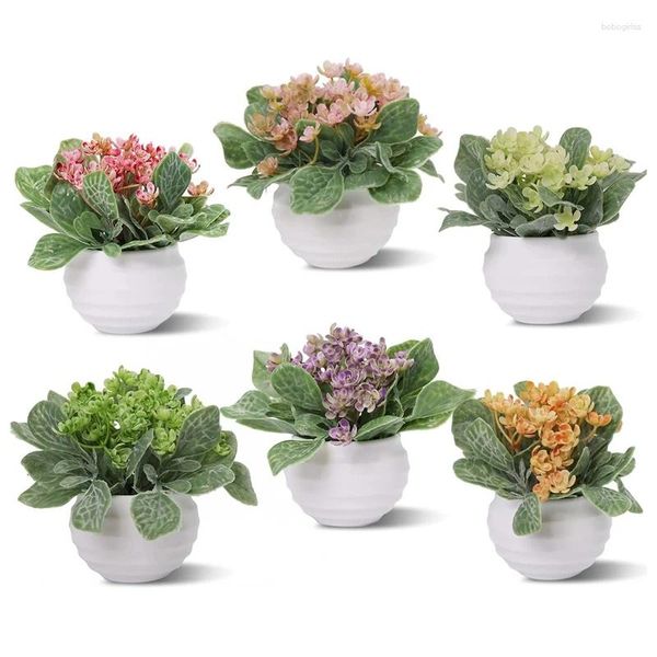 Flores decorativas absf plantas falsas 6 pacotes pequeno conjunto de plástico artificial decoração para casa mini vasos falsos e folhas verdes