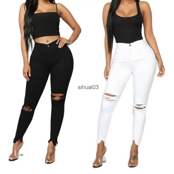 Jeans femininos preto e branco jeans rasgados adequados para mulheres jeans ultrafinos jeans casuais apertados calças lápis roupas femininas da moda S-3XL envio diretoL2403