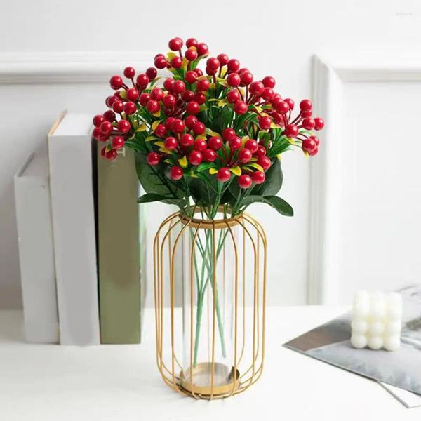 Flores decorativas para decoração de casa, planta de frutas, ramo artificial realista com folhas verdes, bola dourada festiva para o natal