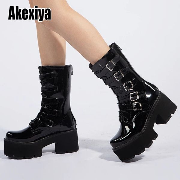 Stiefel Winter Gothic Punk Womens Plattform Stiefel Schwarze Lackleder Creeper Keilschuhe Mid Cal Mil Military Combat Boots P496