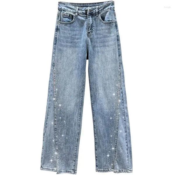 Jeans da donna con pantaloni con strass per donna a vita alta S gamba dritta blu moda coreana da donna originale pantaloni alla moda