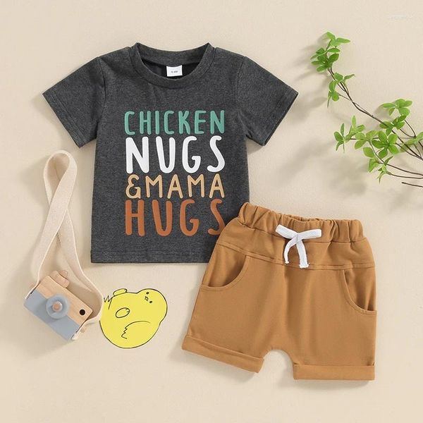 Giyim Setleri Visgogo Toddler Boy Yaz Kıyafet Kısa Kollu Mektup Baskı Yuvarlak Boyun T-Shirt Elastik Bel Şort Ülke Bebek Giysileri