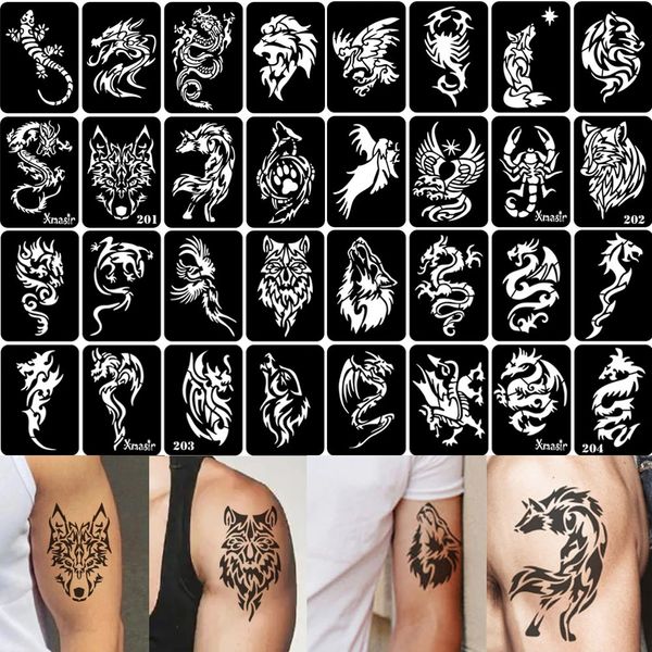 32 pçs airbrush tatuagem temporária estêncil para homens braço volta corpo arte pintura diy glitter modelos falso conjunto 67cm95 cm 240322