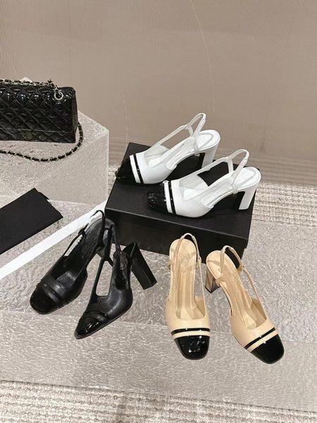 Mulheres Sandália Vestido Sapatos Ballet Flat Couro Grosso Slingbacks Salto Alto Bege Preto Patchwork Back Strap Sexy Bar Party Mulheres Chunky Shoes