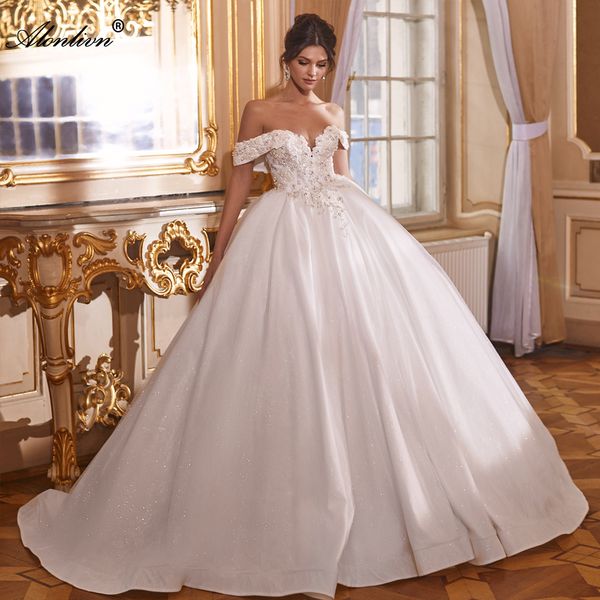 Chic maniche spalle scoperte Sweetheart A-Line Abito da sposa Bling Tulle Perline Perle cristalli Appliques Abiti da sposa principessa ricamati con strascico