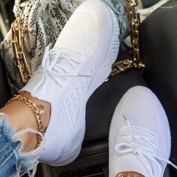 Sapatos casuais femininos tênis brancos fundo grosso sólido plus size confortável respirável verão ao ar livre rendas até senhoras sapato plano