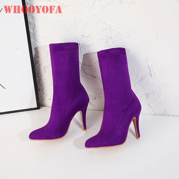Boots Hot Brand Brand Glamour Purple Women Women Mid Boots Boots Office Dress Shoes Super High Spike Salto e tamanho pequeno Big Size 11 32 45 48