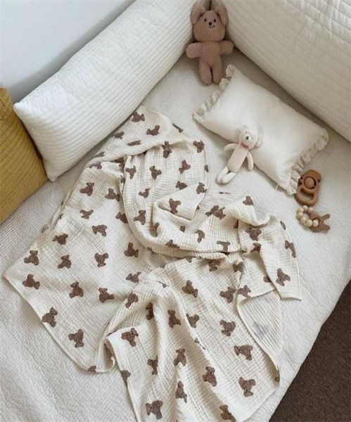 7684 Детское муслиновое 2-слойное пеленальное одеяло с модным принтом медведя, весна-лето, конверт для ног, спальный мешок 2112231495290