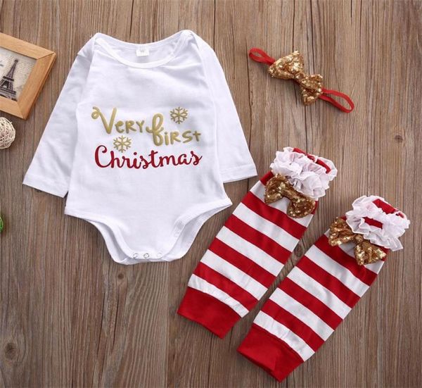 Vert Primo regalo di Natale Abbigliamento per bambini Body Completo a righe Fascia per capelliPagliaccettoLegging 3 pezziSet manica lunga inverno Baby Boy Gir8903388