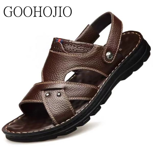 Slippers New Cow Leather Summer Men Sandals de alta qualidade Men de couro genuíno Slipon Beach Men Slippers Sandals Macs Sandals Wearsistant