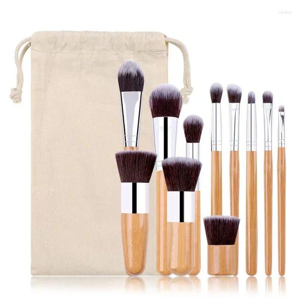 Pennelli per trucco 11 pezzi/set Set con manico in bambù naturale Pennello per sfumare fondotinta professionale Strumento per trucco cosmetico con borsa in cotone