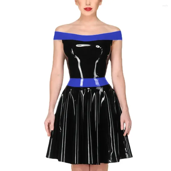 Lässige Kleider Elegantes glänzendes PVC-Leder Vintage Slash Neck Ballkleid Chic Party Plissee Minikleid Sexy Französisch A-Linie Hohe Taille Vestidos