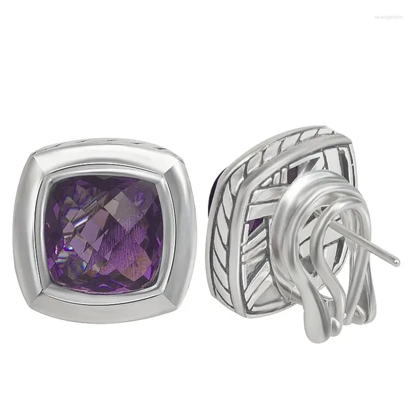 Brincos de parafuso prisioneiro 11mm almofada corte roxo zirocnia cúbico elegante chique branco banhado a ouro latão falso ametista para presente feminino