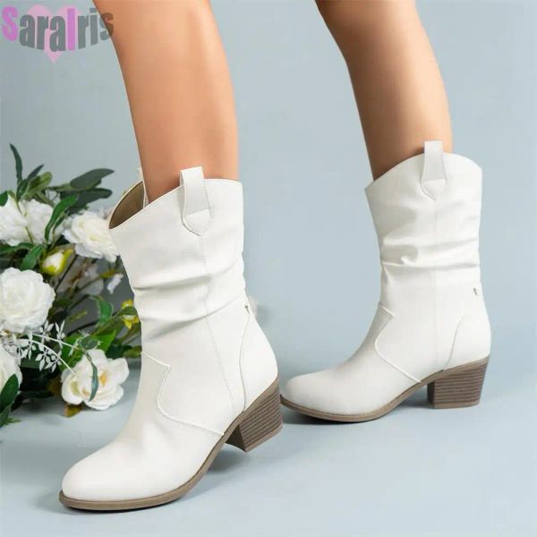 Botas Western Cowgirl Women Boots Short Boots Chunky Heels Retro Bordado Pull On Country Concert Disco Cowboy Sapatos de Tornozelo Mulher