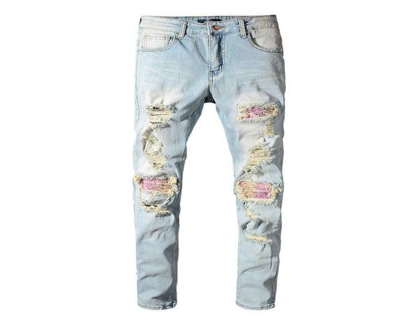 Americano streetwear moda masculina jeans luz azul rasgado jeans para homens destruído denim calças finas branco lavado elástico hip hop robi1856182