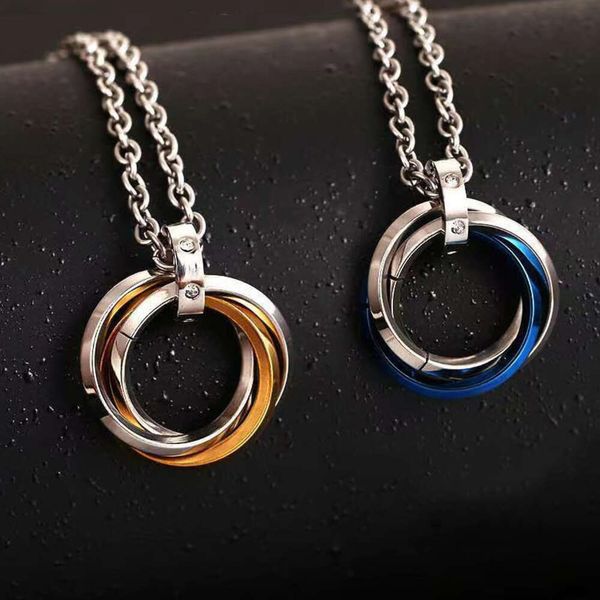 Heiße verkaufende Edelstahl-Halskette mit drei Ringen, einfach und lichtecht, Herren-Hip-Hop-Stil, Titanstahl-Diamant-Intarsien-Anhänger-Schmuck