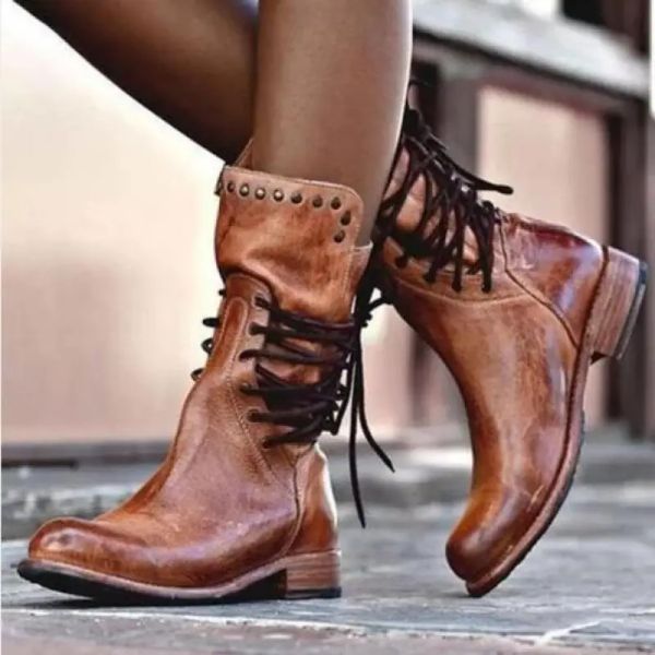 Сапоги Women Midcalf Boots Fashion Brivet Knight Boots British Style Осень Зимняя Женская обувь Крест кружев